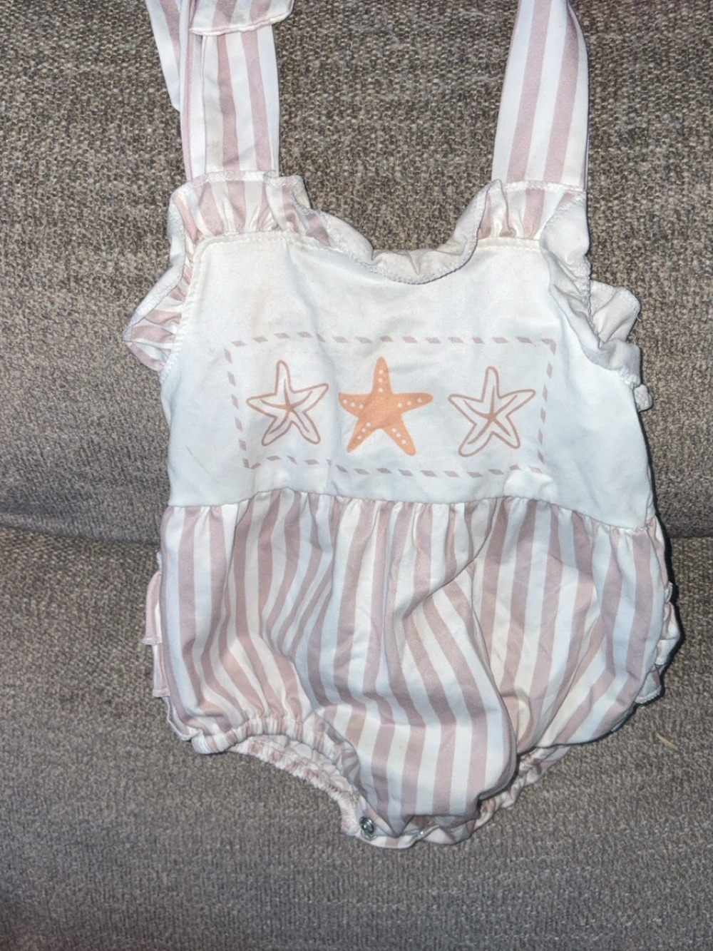 Striped Starfish Baby Romper in Pale Pink and White